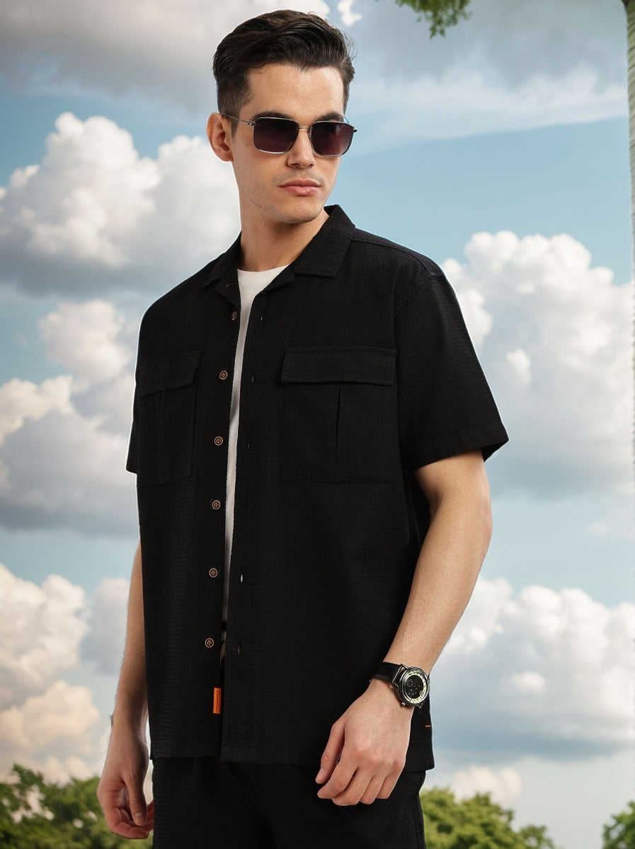 Thomas Scott Men Black Cricket Club Collection Oversized Fit Short Sleeves Textured Cotton Casual Shirt