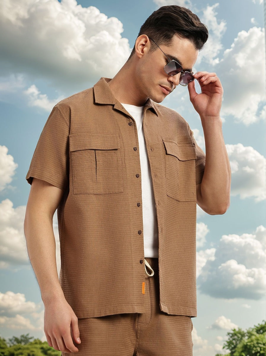 Thomas Scott Men Brown Cricket Club Collection Oversized Fit Short Sleeves Textured Cotton Casual Shirt