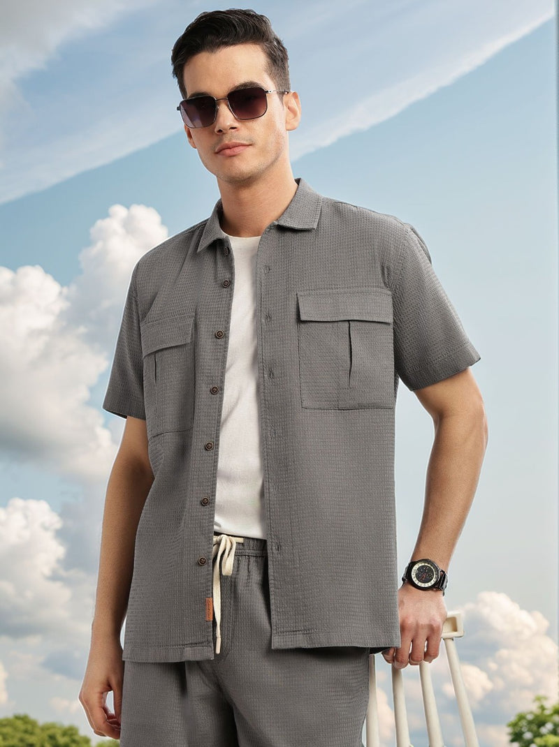 Thomas Scott Men Grey Cricket Club Collection Oversized Fit Short Sleeves Textured Cotton Casual Shirt