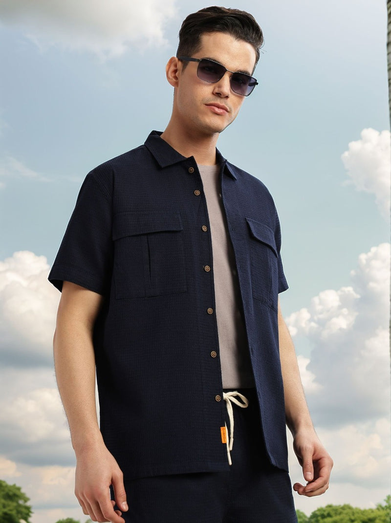 Thomas Scott Men Navy Cricket Club Collection Oversized Fit Short Sleeves Textured Cotton Casual Shirt
