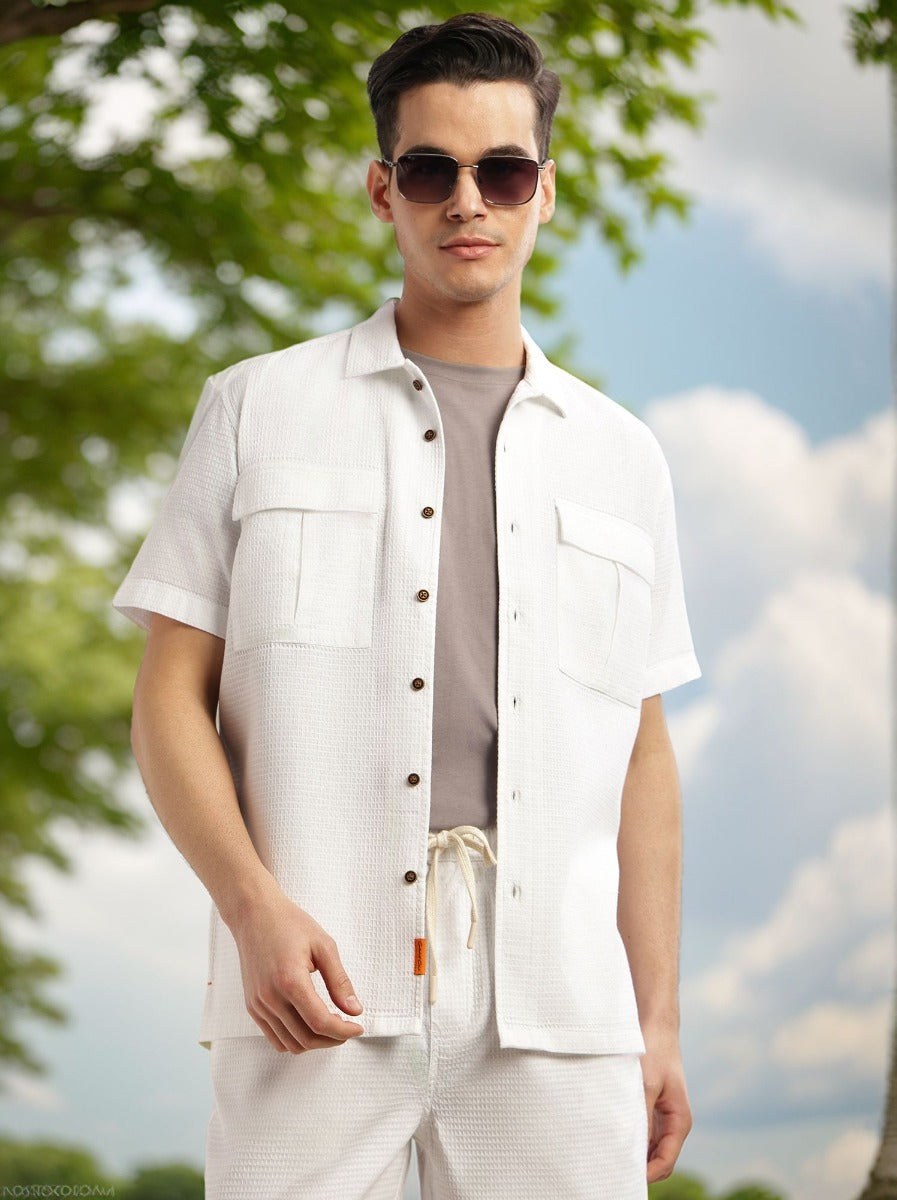 Thomas Scott Men White Cricket Club Collection Oversized Fit Short Sleeves Textured Cotton Casual Shirt