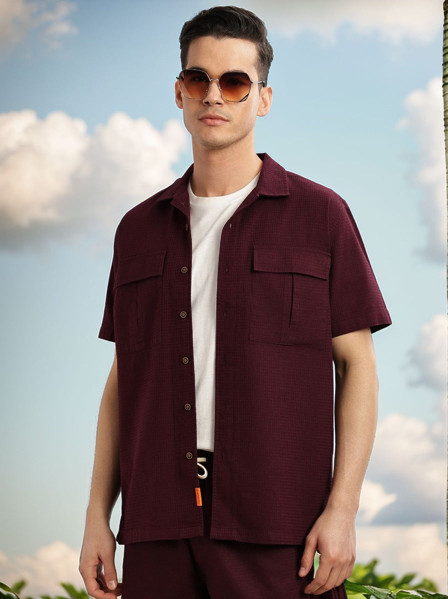 Thomas Scott Men Wine Cricket Club Collection Oversized Fit Short Sleeves Textured Cotton Casual Shirt