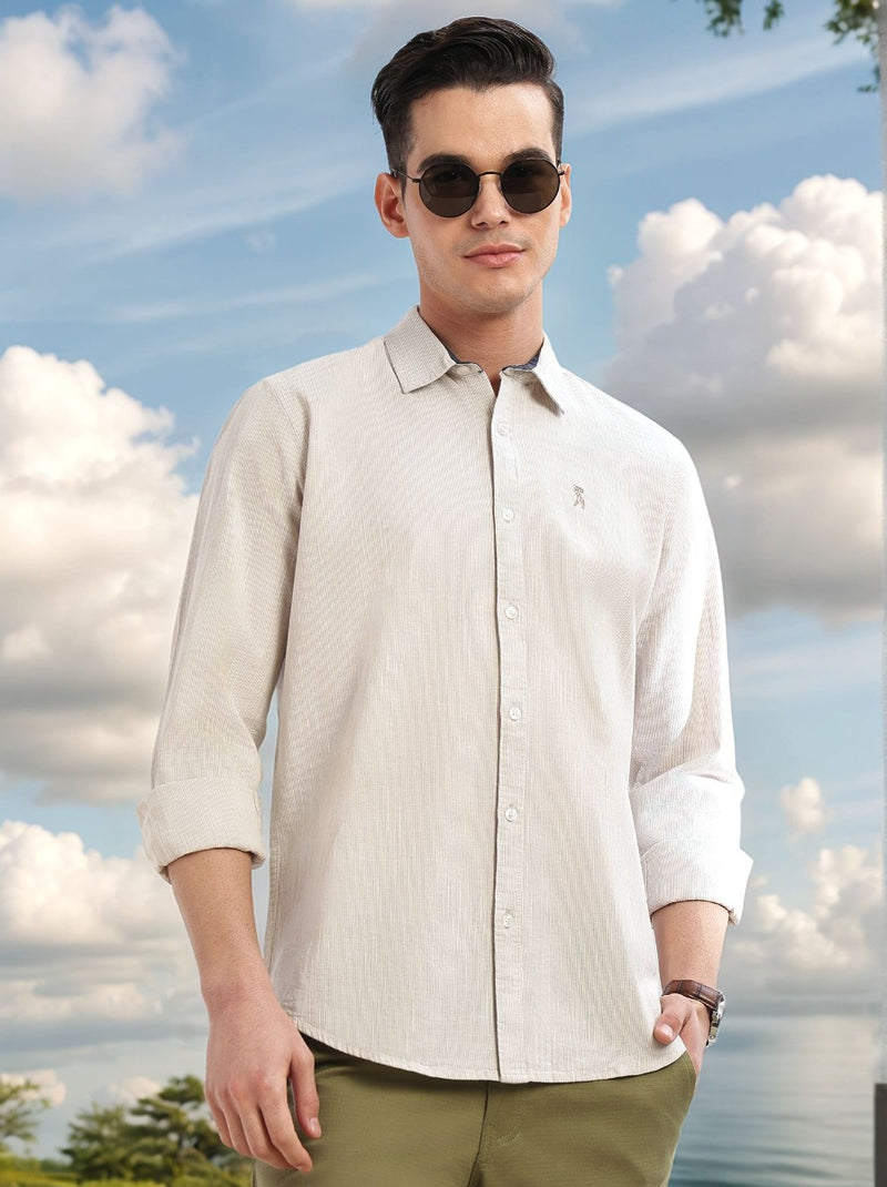 Thomas Scott Men Beige Cricket Club Collection Slim Fit Long Sleeves Spread Collar Pinstripe Cotton Linen Casual Shirt