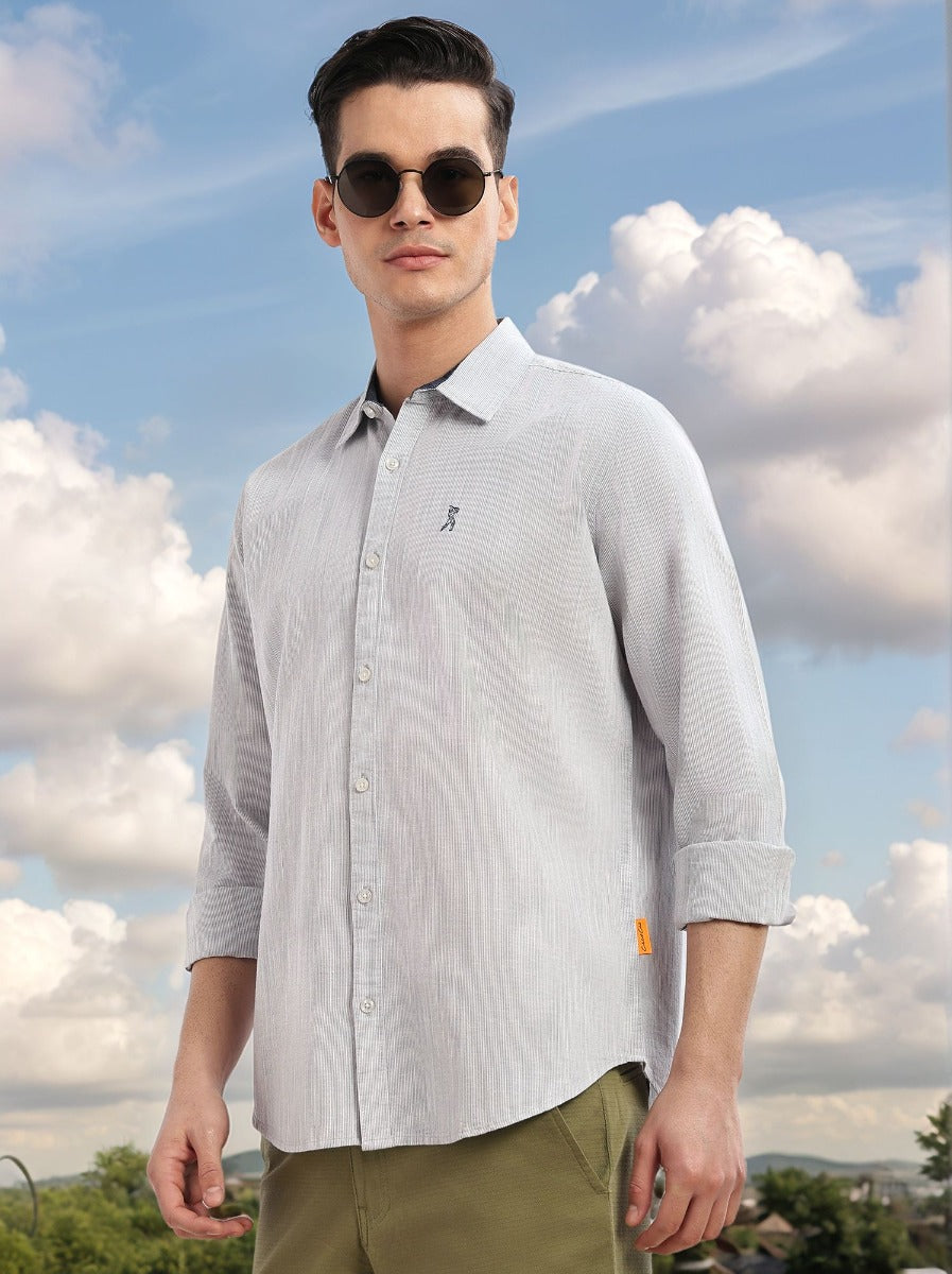 Thomas Scott Men Grey Cricket Club Collection Slim Fit Long Sleeves Spread Collar Pinstripe Cotton Linen Casual Shirt