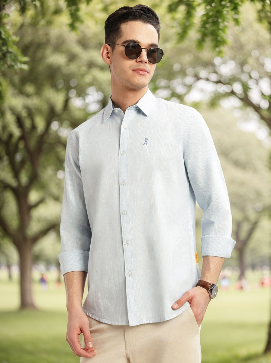 Thomas Scott Men Sky Blue Cricket Club Collection Slim Fit Long Sleeves Spread Collar Pinstripe Cotton Linen Casual Shirt