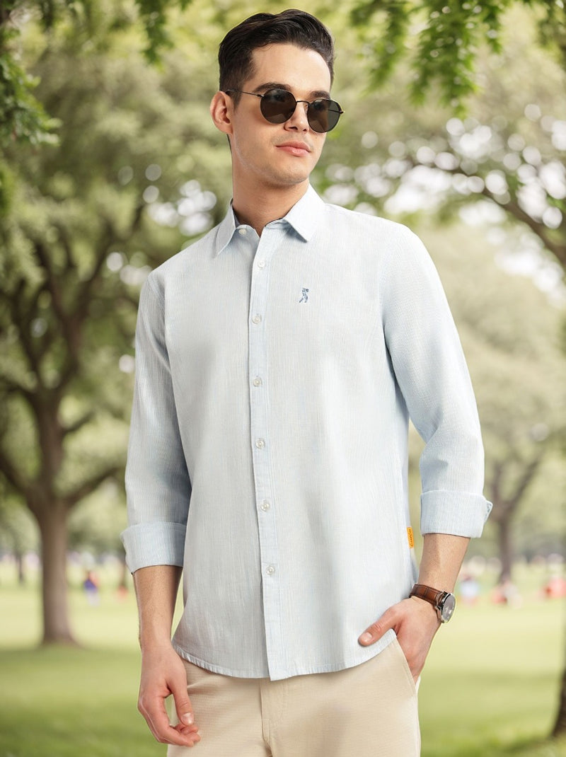 Thomas Scott Men Sky Blue Cricket Club Collection Slim Fit Long Sleeves Spread Collar Pinstripe Cotton Linen Casual Shirt