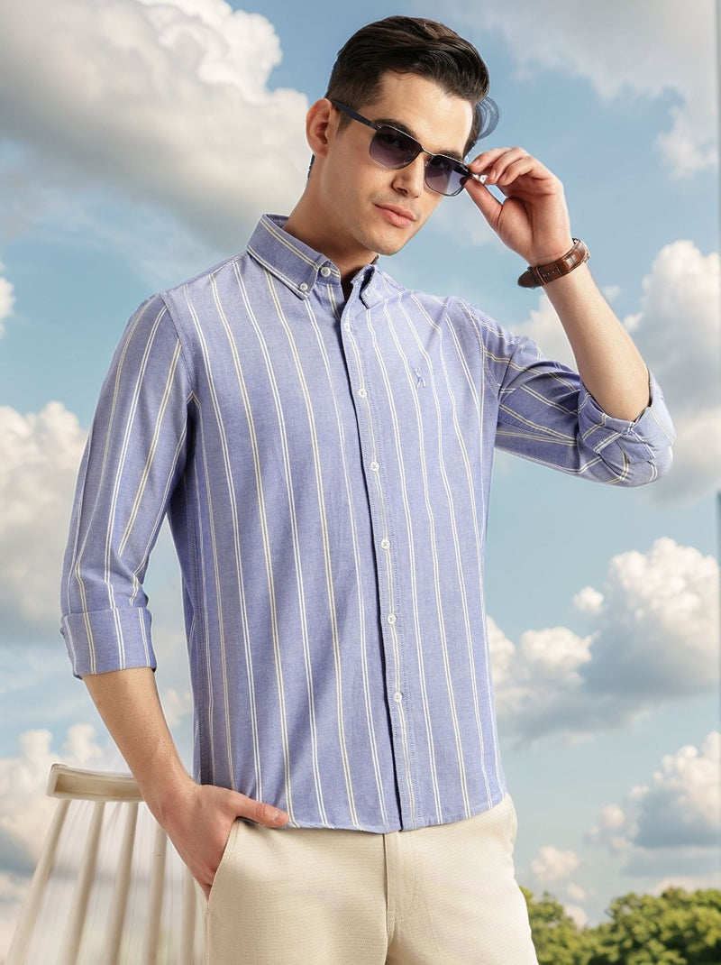 Thomas Scott Men Blue Cricket Club Collection Slim Fit Long Sleeves Button Down Collar Vertical Stripes Oxford Casual Shirt