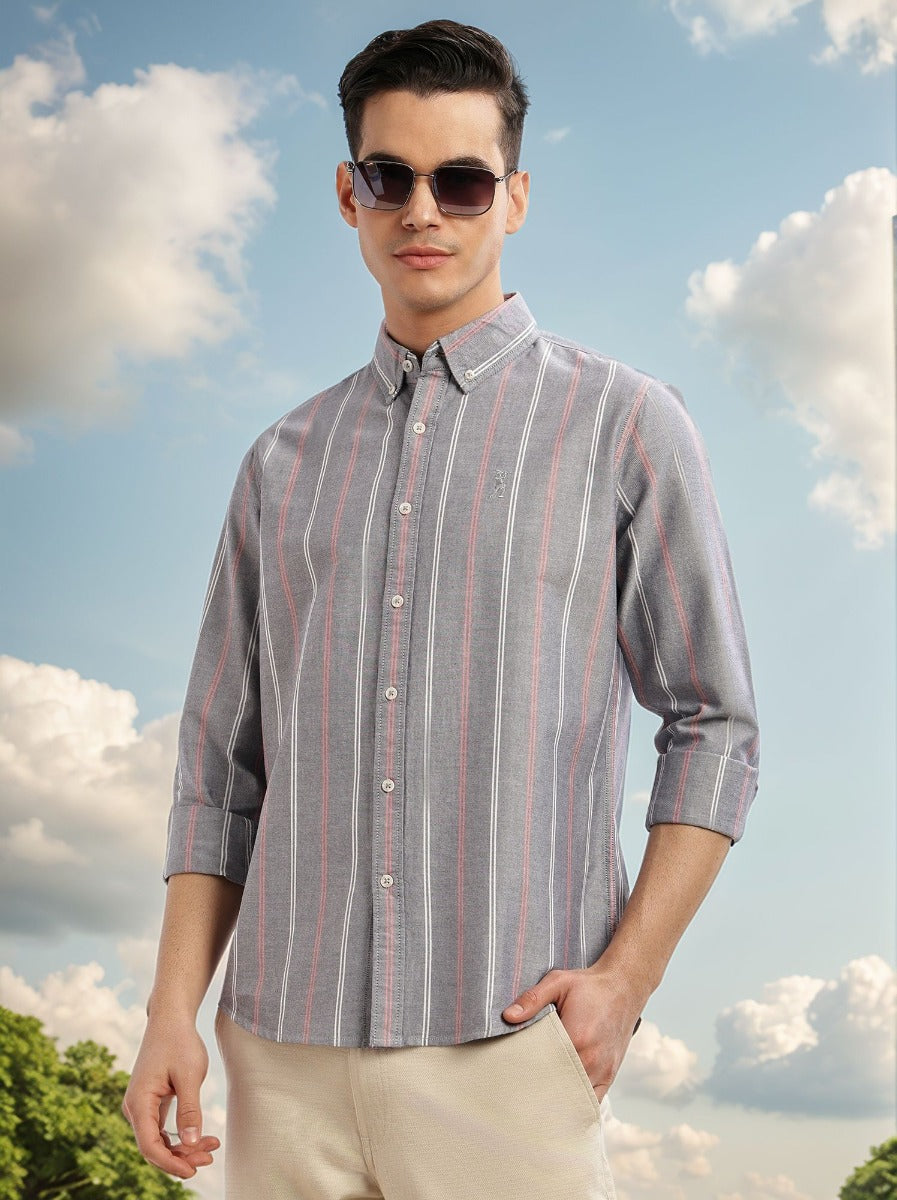 Thomas Scott Men Navy Cricket Club Collection Slim Fit Long Sleeves Button Down Collar Vertical Stripes Oxford Casual Shirt