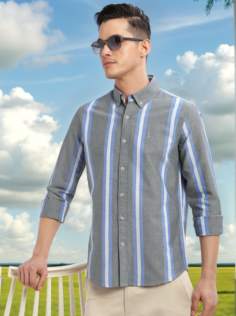 Thomas Scott Men Black Cricket Club Collection Slim Fit Long Sleeves Vertical Stripes Button Down Collar Oxford Casual | Shirt