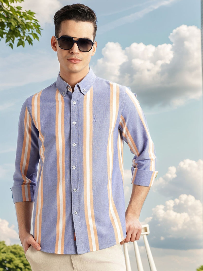 Thomas Scott Men Blue Cricket Club Collection Slim Fit Long Sleeves Vertical Stripes Button Down Collar Oxford Casual | Shirt