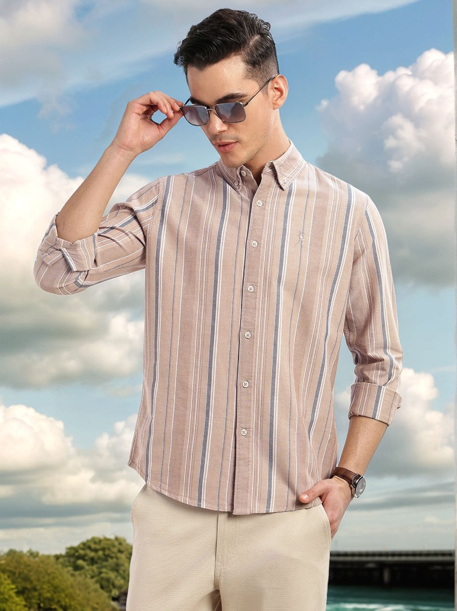 Thomas Scott Men Beige Cricket Club Collection Slim Fit Long Sleeves Button-Down Collar Multi Stripe Cotton Casual Shirt