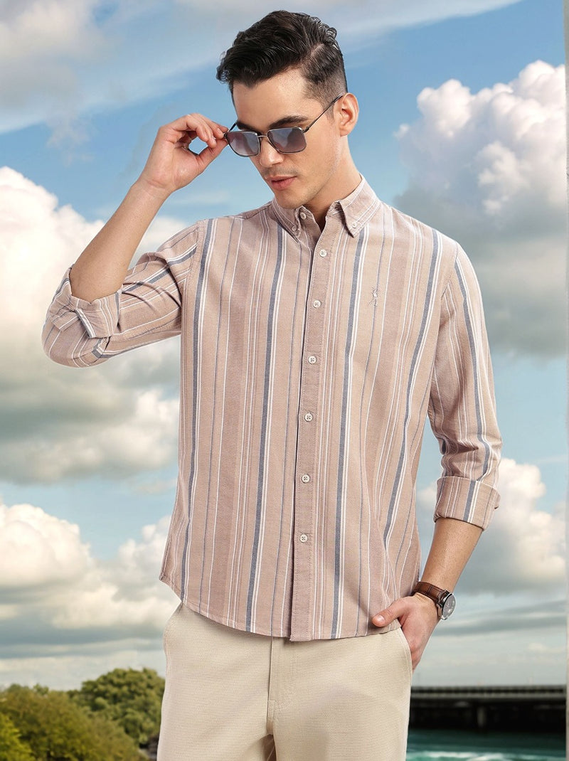 Thomas Scott Men Beige Cricket Club Collection Slim Fit Long Sleeves Button-Down Collar Multi Stripe Cotton Casual Shirt