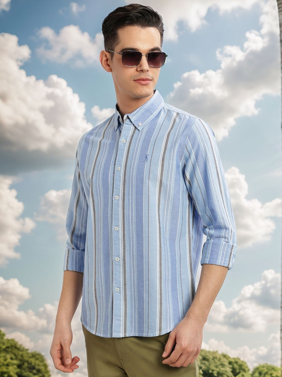 Thomas Scott Men Blue Cricket Club Collection Slim Fit Long Sleeves Button-Down Collar Multi Stripe Cotton Casual Shirt