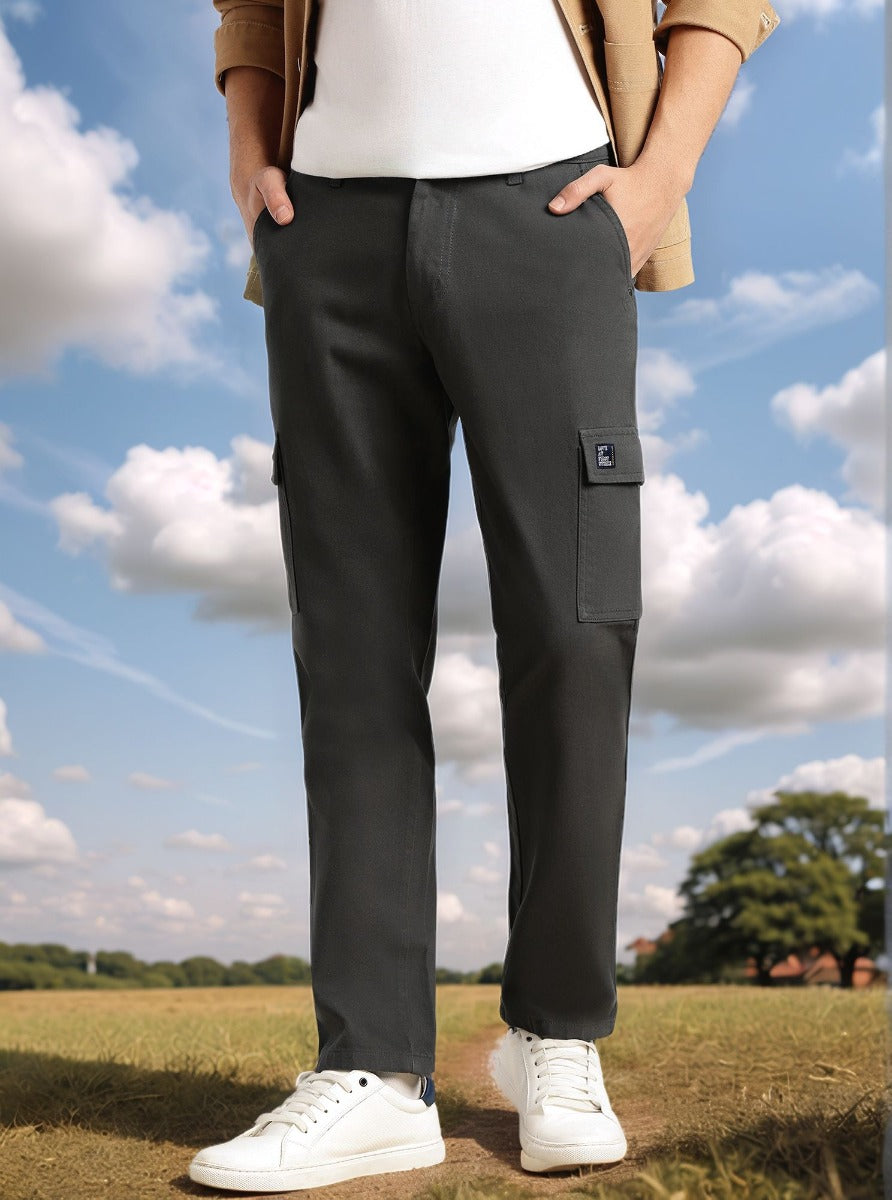 Thomas Scott Men Dark Grey Cricket Club Collection Straight Fit Mid-Rise 100% Cotton Woven Cargo Trouser