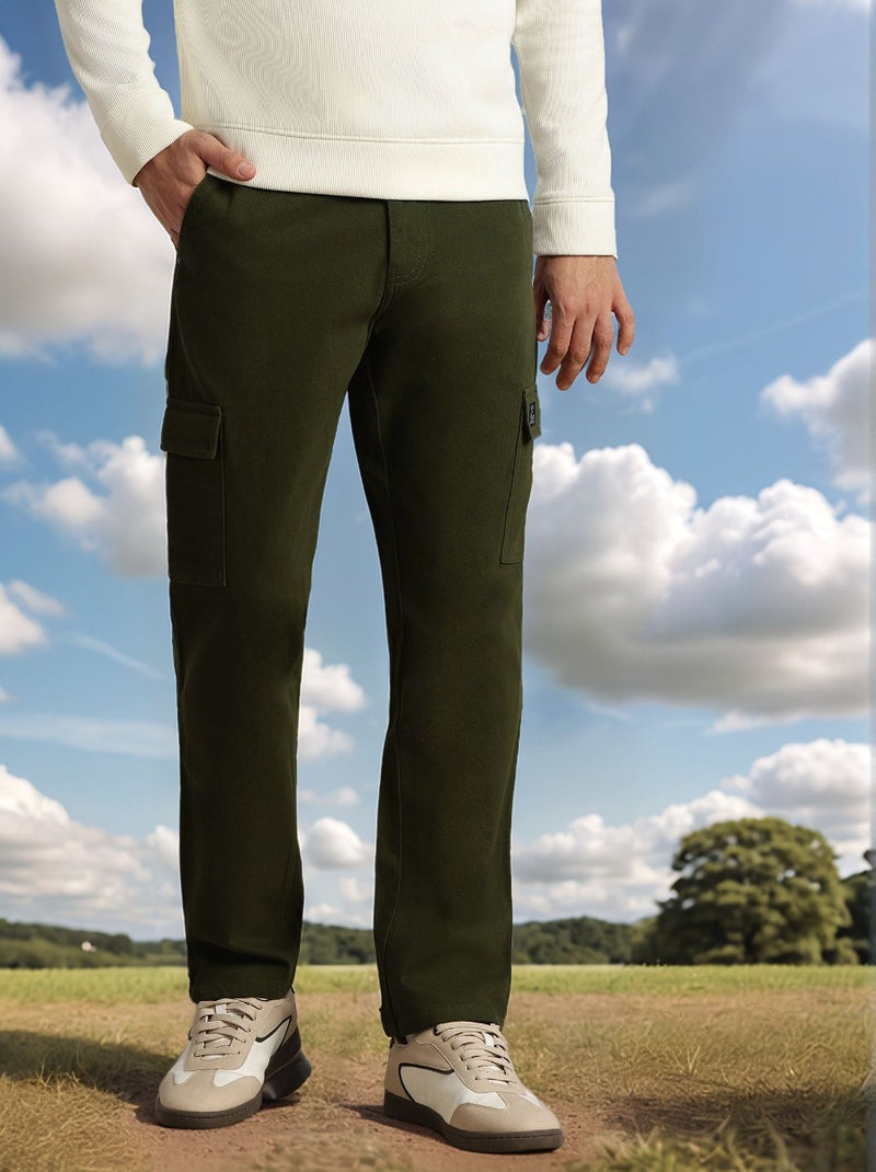 Thomas Scott Men Green Cricket Club Collection Straight Fit Mid-Rise 100% Cotton Woven Cargo Trouser