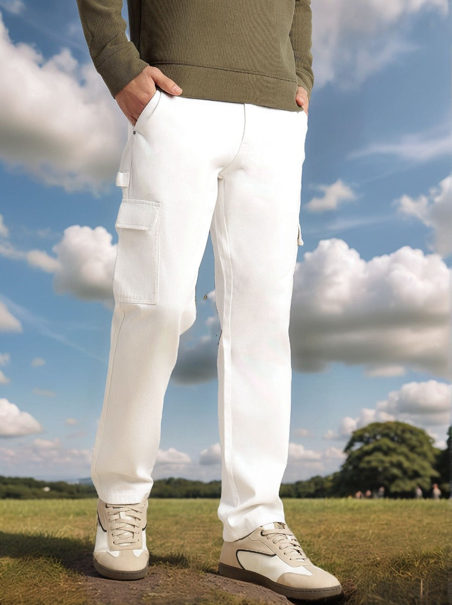 Thomas Scott Men White Cricket Club Collection Straight Fit Mid-Rise 100% Cotton Woven Cargo Trouser