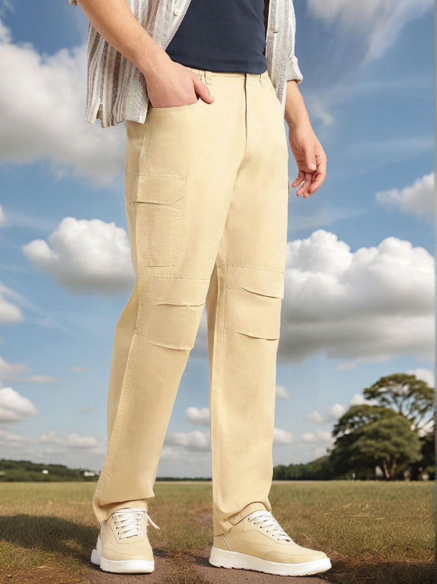 Thomas Scott Men Beige Cricket Club Collection Mid-Rise 100% Cotton Loose Fit Solid Woven Cargo Trouser