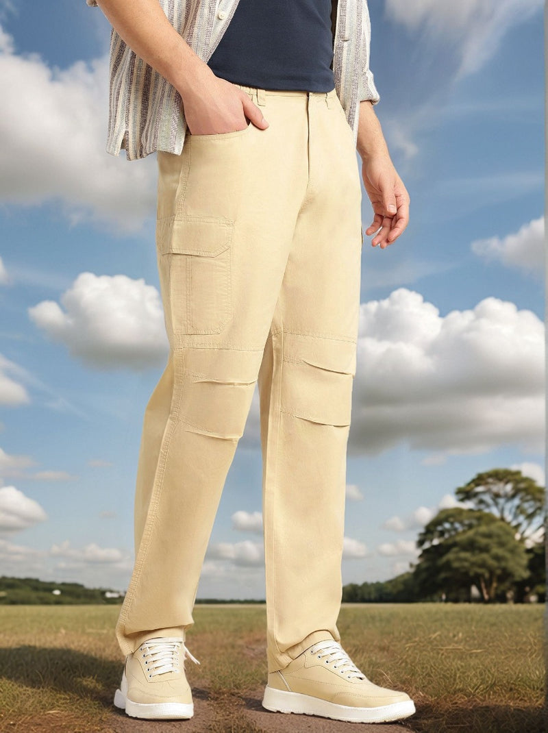 Thomas Scott Men Beige Cricket Club Collection Mid-Rise 100% Cotton Loose Fit Solid Woven Cargo Trouser