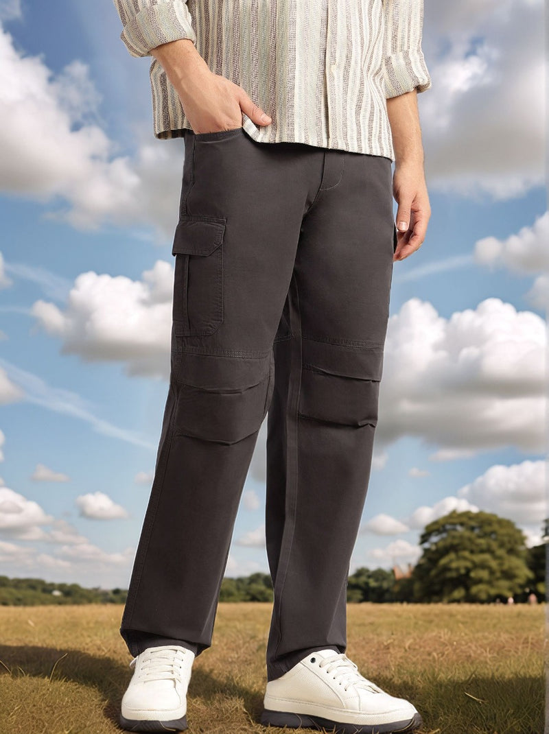 Thomas Scott Men Dark Grey Cricket Club Collection Mid-Rise 100% Cotton Loose Fit Solid Woven Cargo Trouser