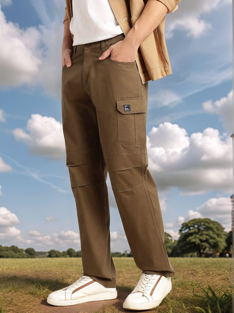 Thomas Scott Men Khaki Cricket Club Collection Mid-Rise 100% Cotton Loose Fit Solid Woven Cargo Trouser