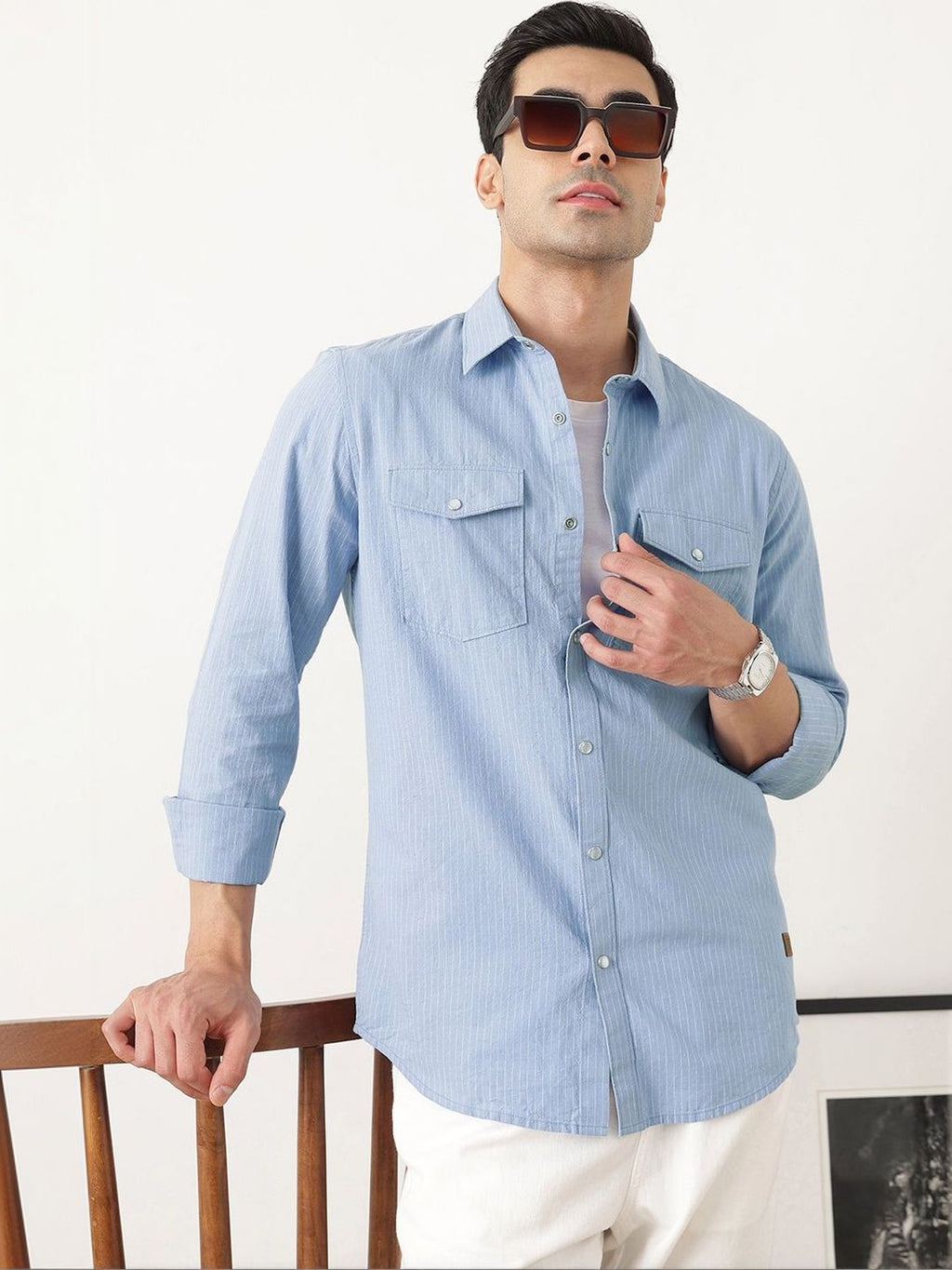 Blue Premium Slim Fit Long Sleeves Spread Collar Pinstripes Cotton Linen Casual Shirt For Men