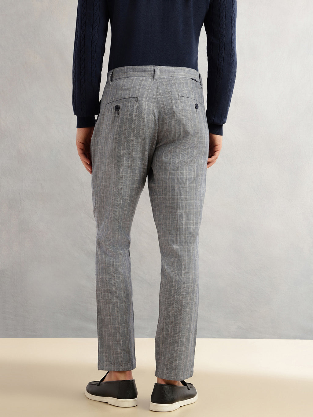 Thomas Scott Men Navy Straight Fit Mid-Rise Checked Woven Regular Trouser