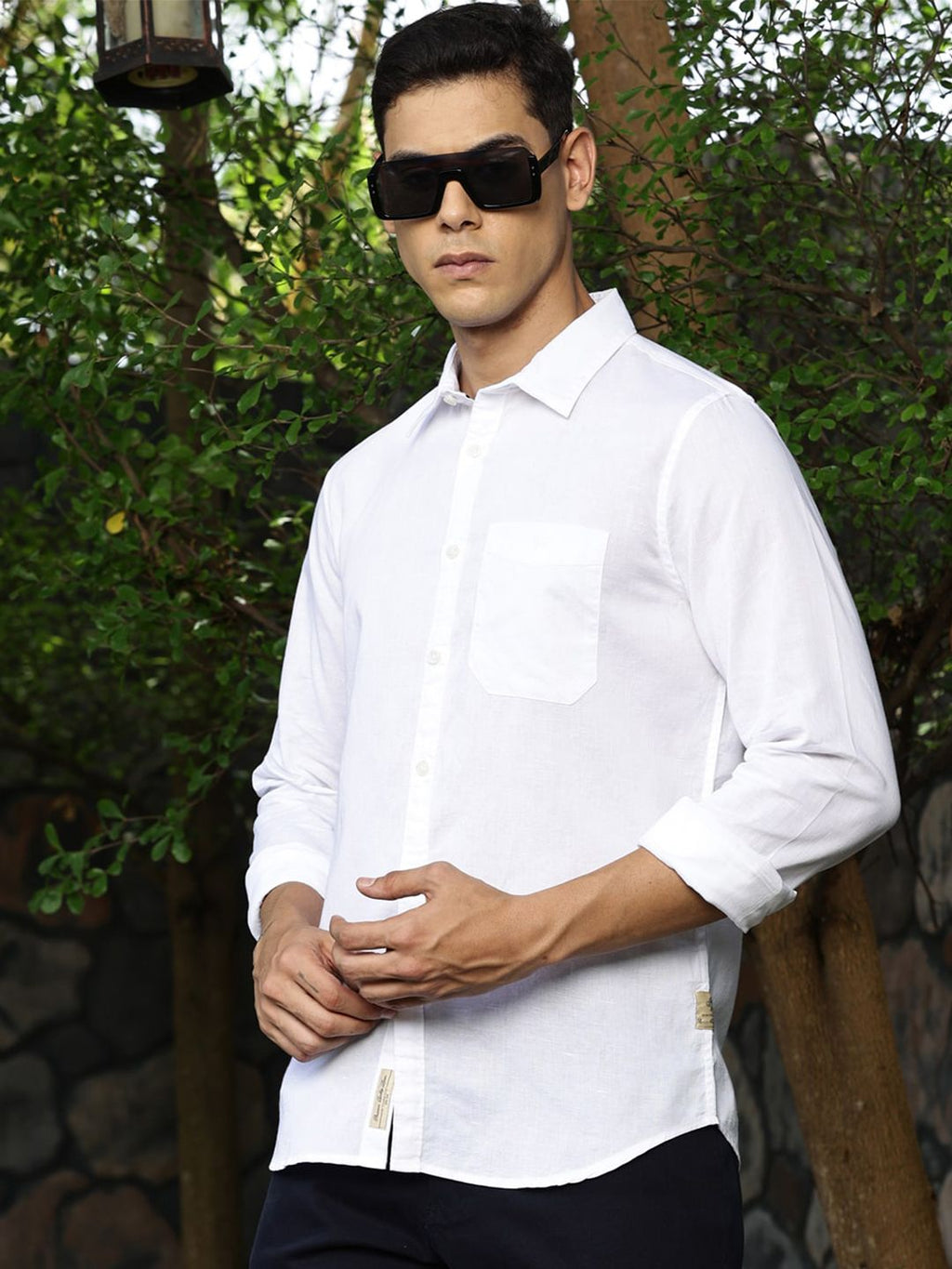 White Premium Regular Fit Long Sleeves Spread Collar Solid Cotton Linen Casual Shirt For Men