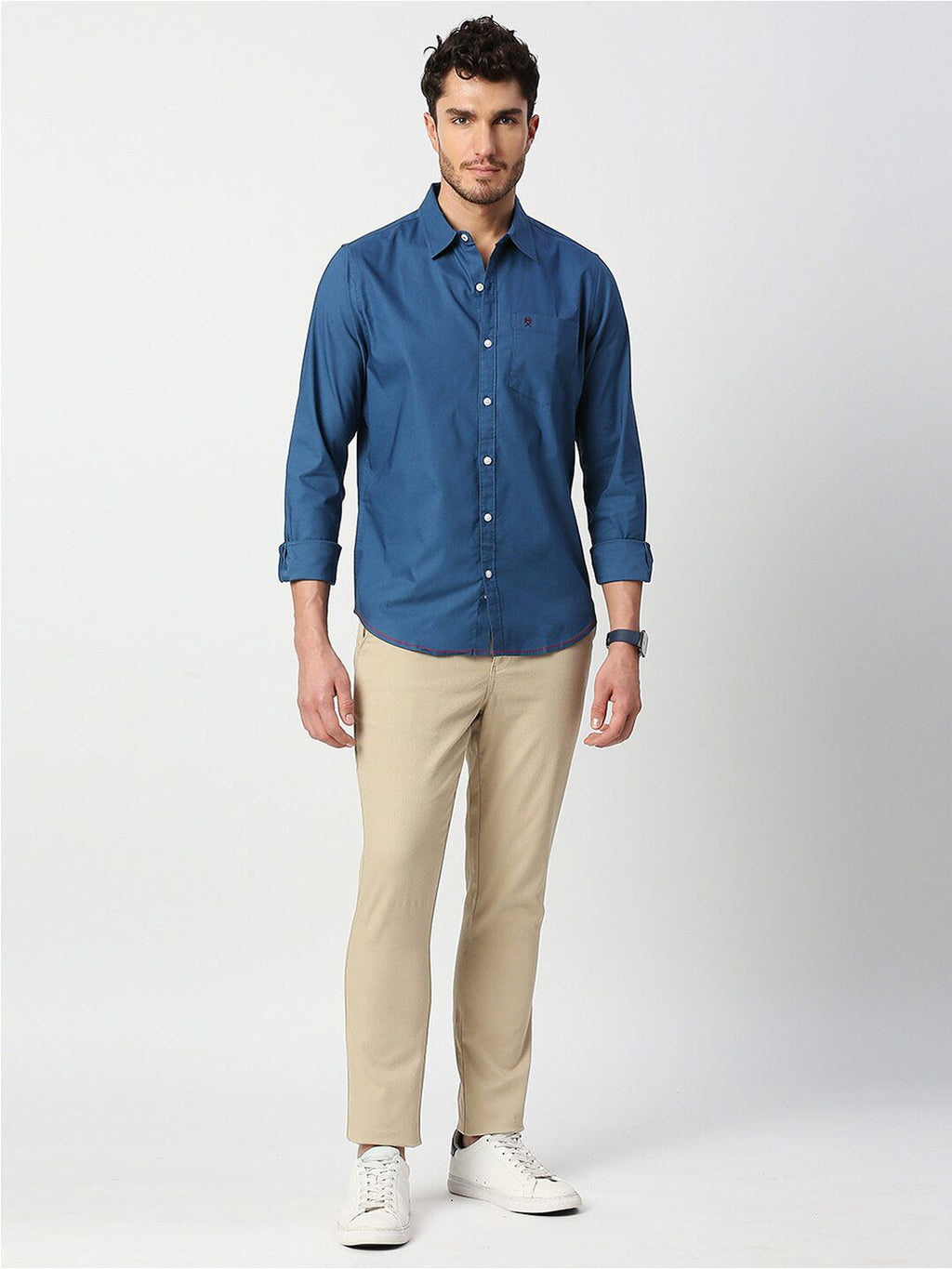 Dark Blue Slim Fit Long Sleeves Spread Solid Collar Casual Shirt For Men