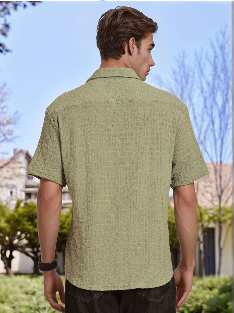Thomas Scott Men Green Regular Fit Short Sleeves Cuban Collar Seersucker Shirt