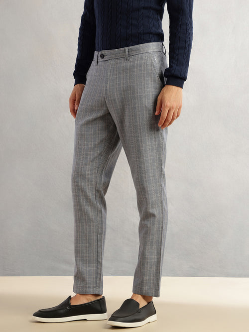 Thomas Scott Men Navy Straight Fit Mid-Rise Checked Woven Regular Trouser