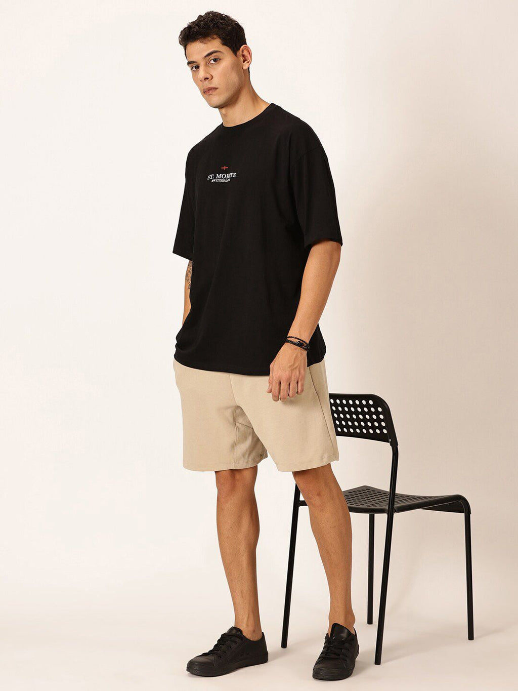 Black Oversized Short Sleeves Round Neck Typography Printed Knitted Cotton Tshirt For Men