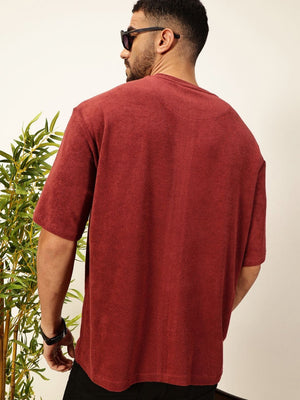 Red Oversized Short Sleeves Towel Terry Round Neck Knitted T-shirt For Men