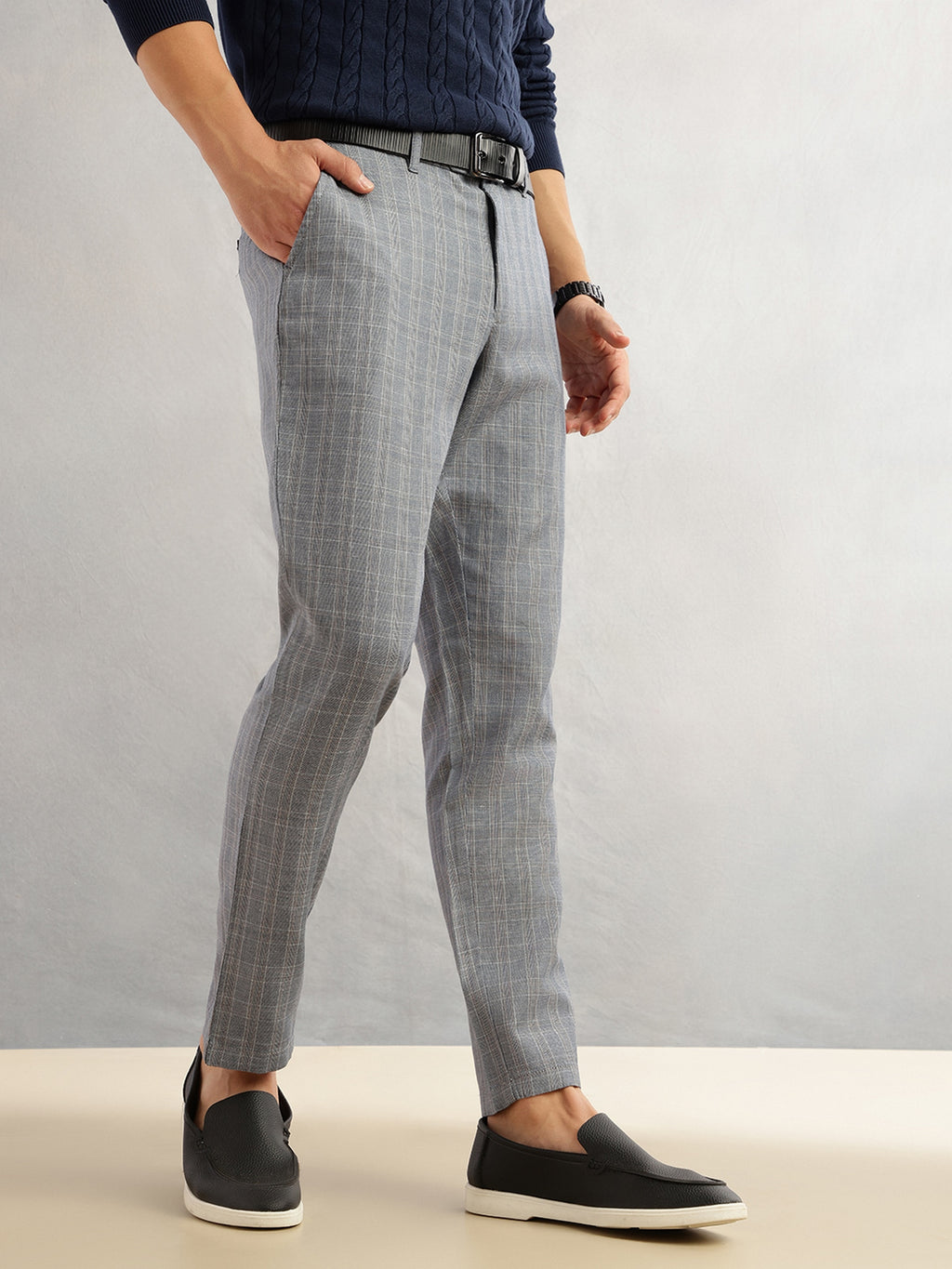 Thomas Scott Men Navy Straight Fit Mid-Rise Checked Woven Regular Trouser