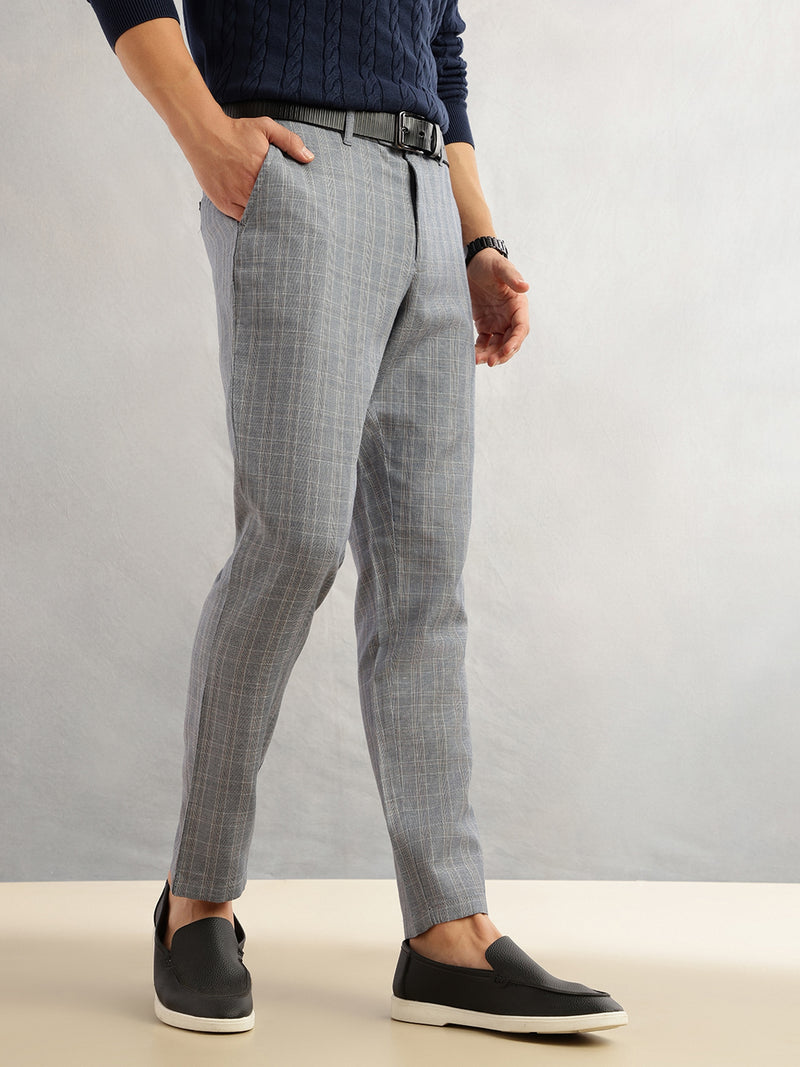 Thomas Scott Men Navy Straight Fit Mid-Rise Checked Woven Regular Trouser