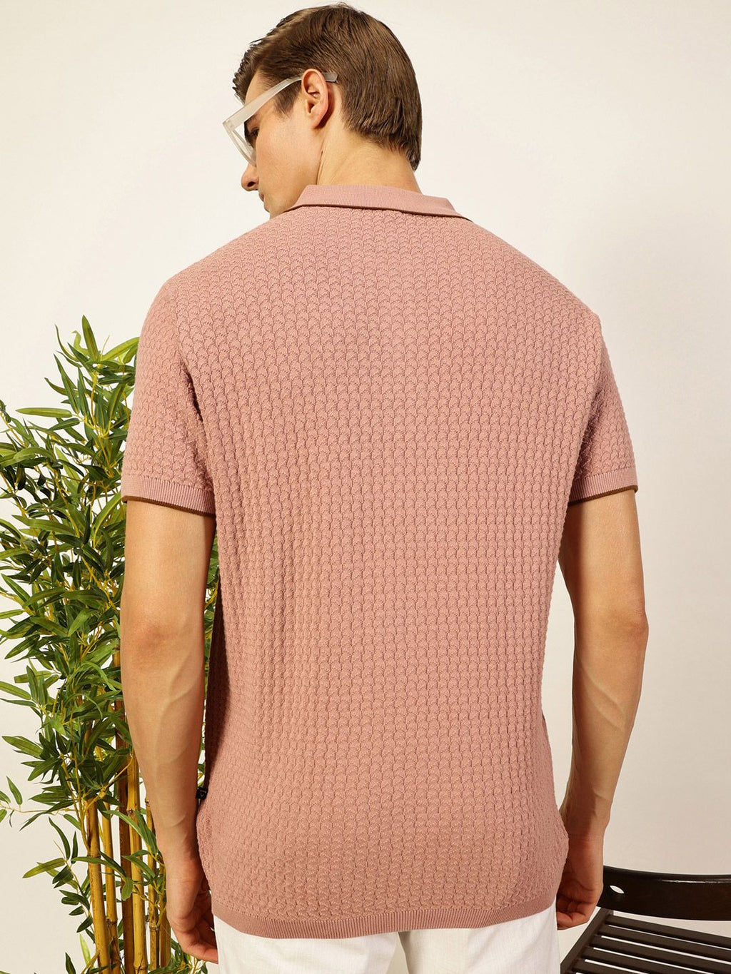 Pink Short Sleeves Regular Fit Self Design Cotton Polo Collar Knitted Tshirts For Men