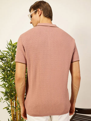 Pink Short Sleeves Regular Fit Self Design Cotton Polo Collar Knitted Tshirts For Men