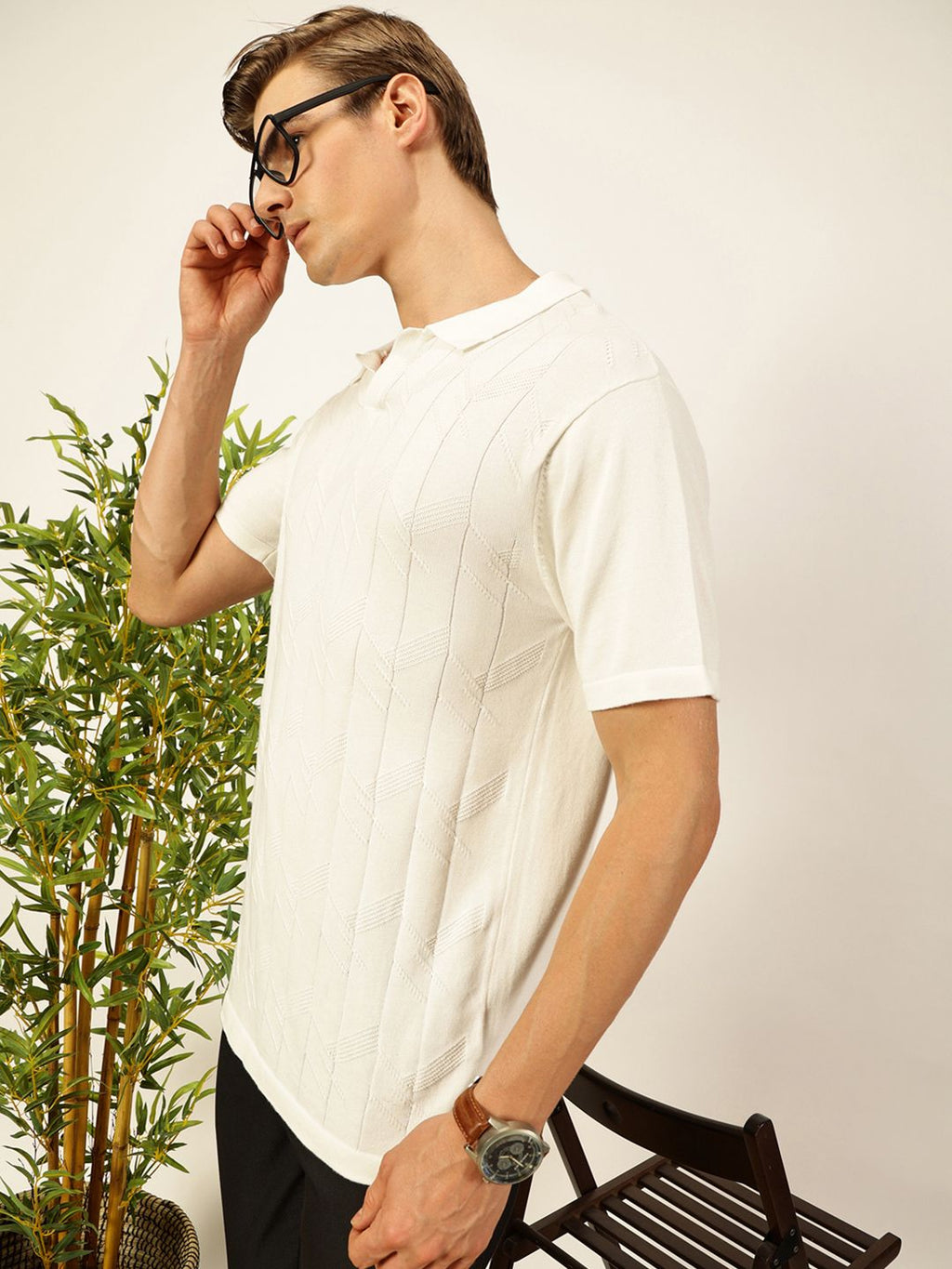 White Short Sleeves Regular Fit Self Design Cotton Polo Collar Knitted Tshirts For Men