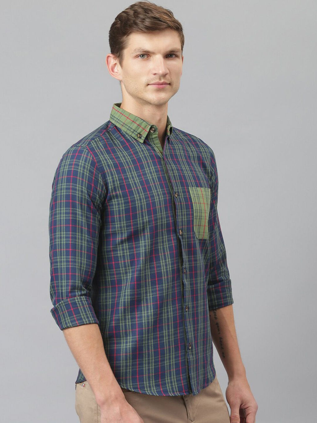 Midnight Blue Relaxed Long Sleeves Slim Fit Tartan Checkes Button-Down Collar Cotton Casual Shirt For Men
