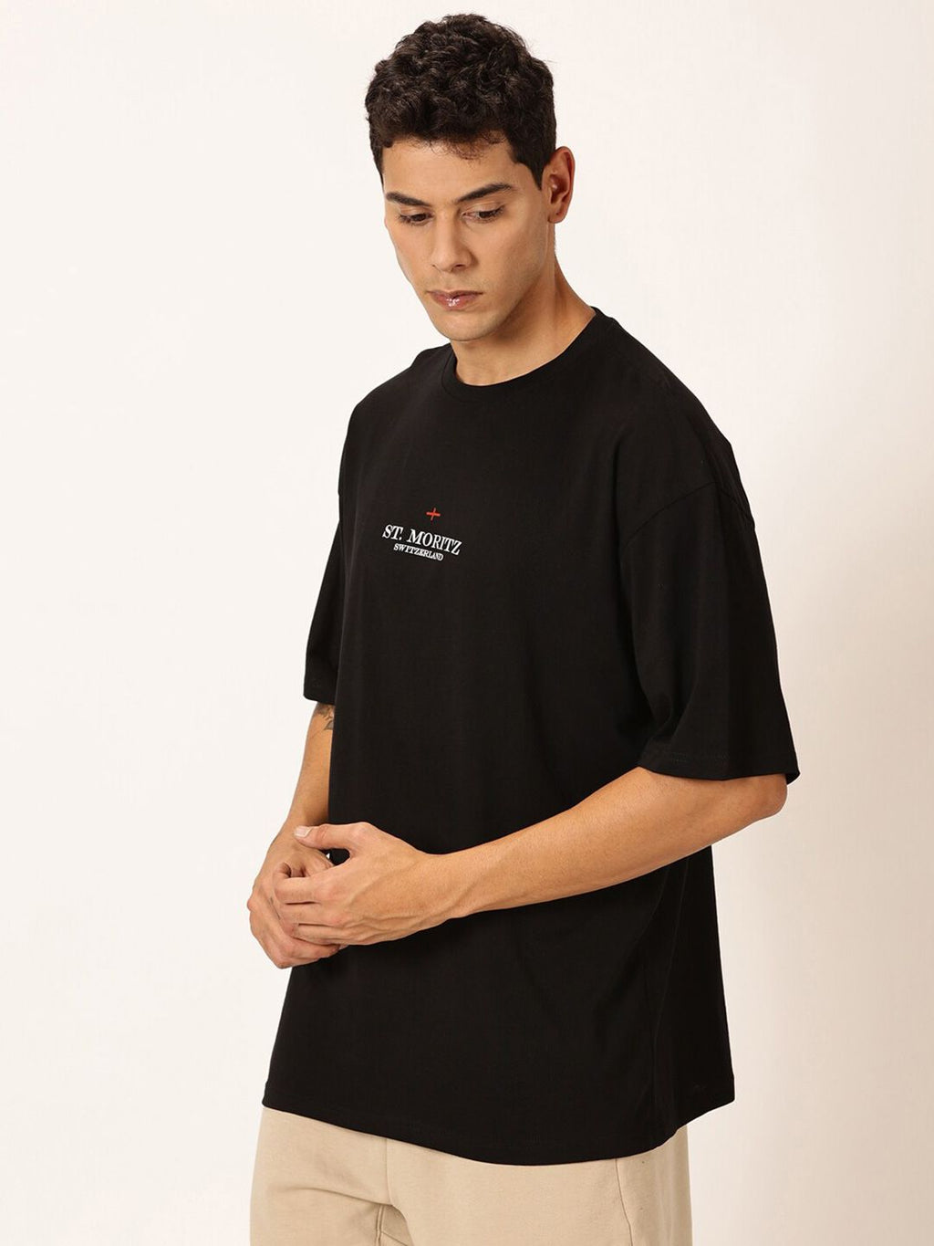 Black Oversized Short Sleeves Round Neck Typography Printed Knitted Cotton Tshirt For Men