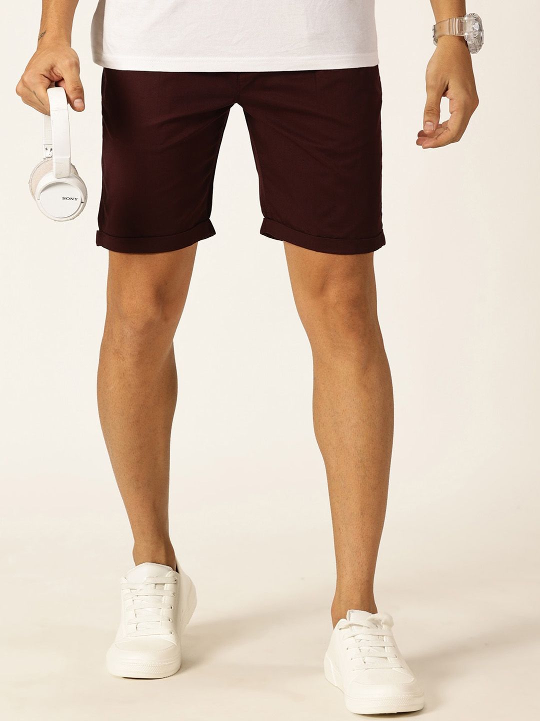 Wine Smart Regular Fit Mid-Rise Solid Cotton Woven Chinos Shorts For Men