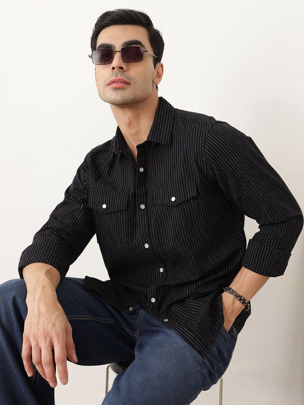 Black Premium Slim Fit Long Sleeves Spread Collar Pinstripes Cotton Linen Casual Shirt For Men