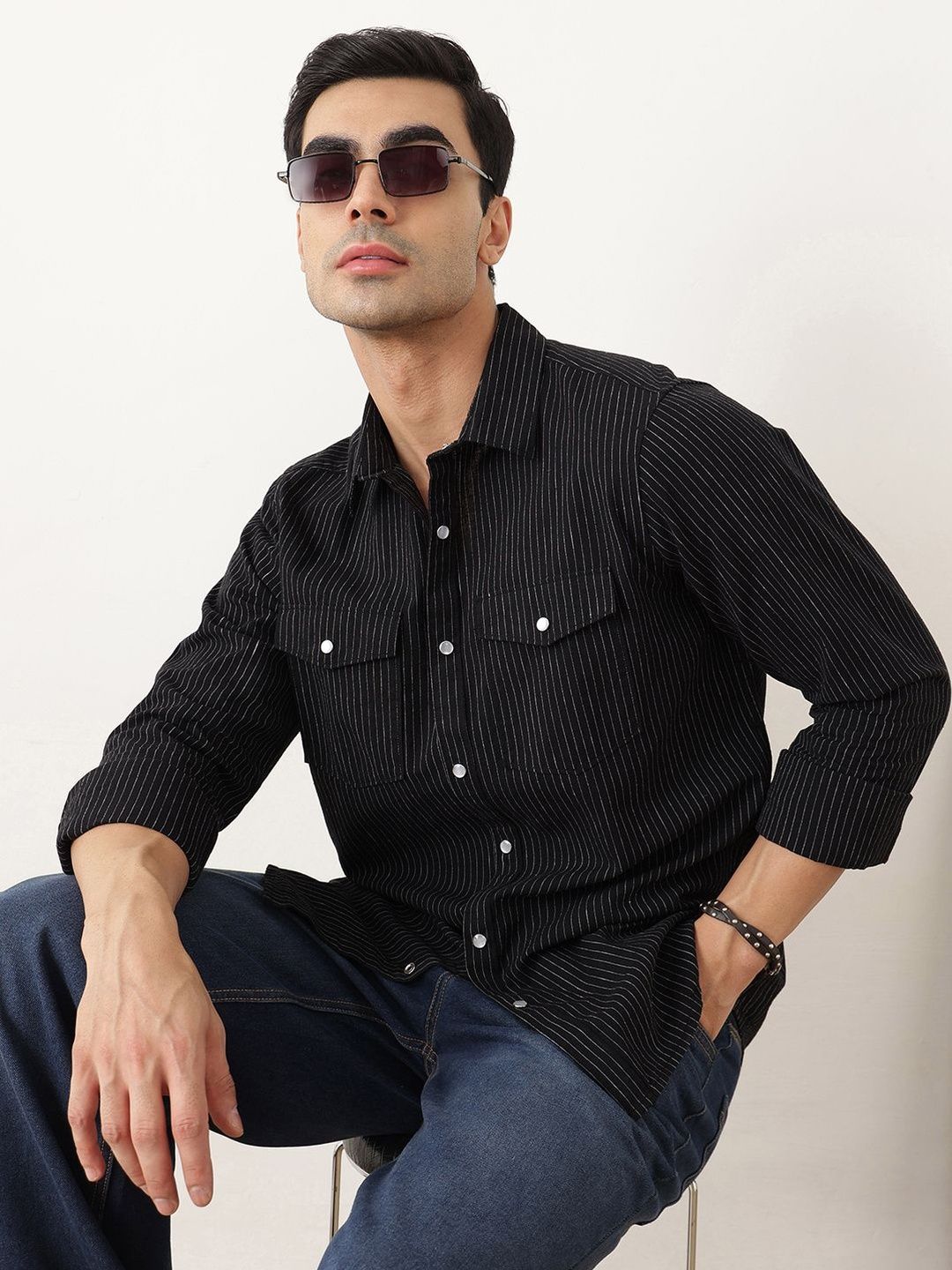 Black Premium Slim Fit Long Sleeves Spread Collar Pinstripes Cotton Linen Casual Shirt For Men