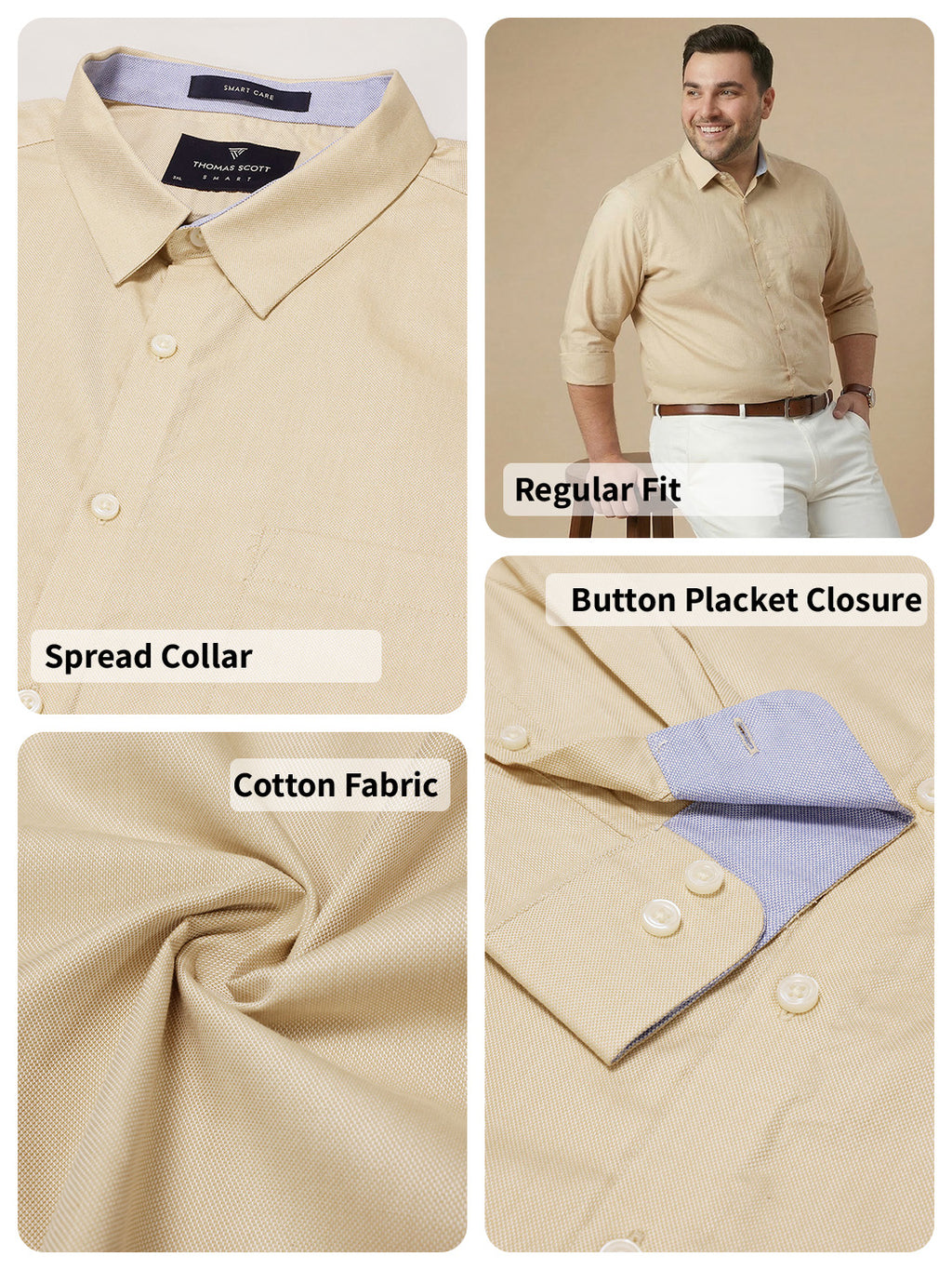 Thomas Scott Men Beige Plus Size Smart Long Sleeves Regular Fit Spread Collar Solid 100% Cotton Formal Shirt