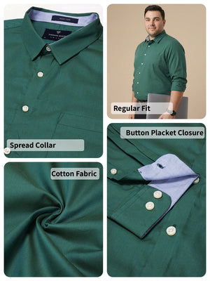 Thomas Scott Men Green Plus Size Smart Long Sleeves Regular Fit Spread Collar Solid 100% Cotton Formal Shirt
