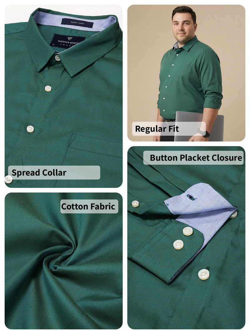Thomas Scott Men Green Plus Size Smart Long Sleeves Regular Fit Spread Collar Solid 100% Cotton Formal Shirt