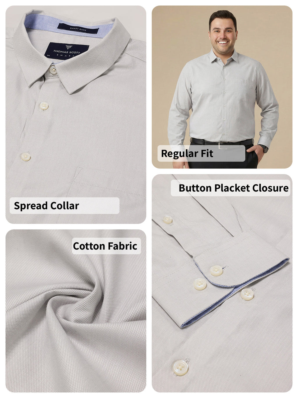 Thomas Scott Men Grey Plus Size Smart Long Sleeves Regular Fit Spread Collar Solid 100% Cotton Formal Shirt