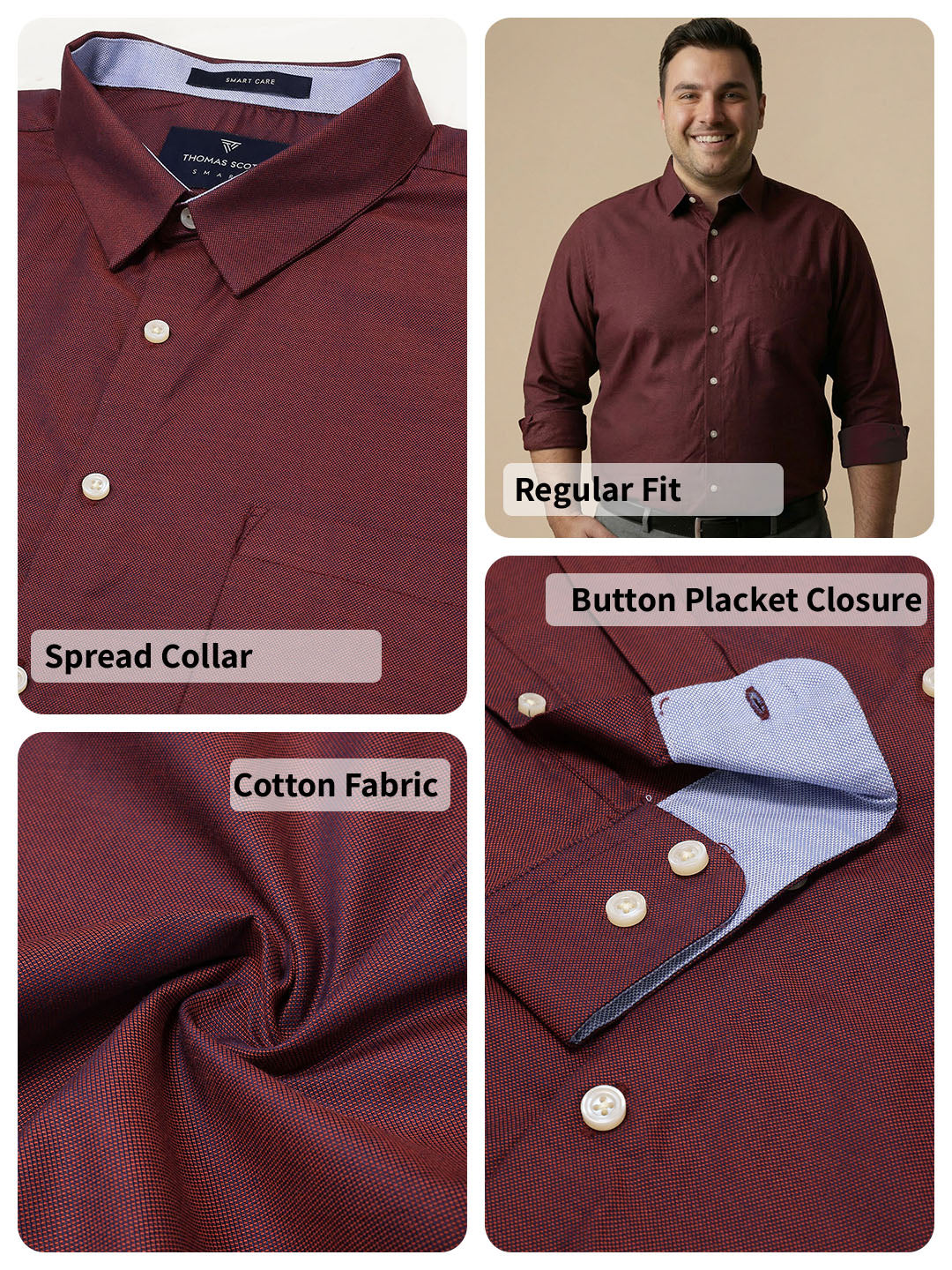 Thomas Scott Men Red Plus Size Smart Long Sleeves Regular Fit Spread Collar Solid 100% Cotton Formal Shirt
