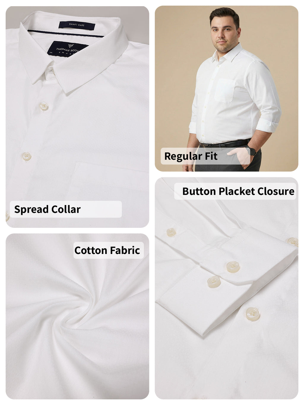 Thomas Scott Men White Plus Size Smart Regular Fit Long Sleeves Spread Collar 100% Cotton Solid Formal Shirt