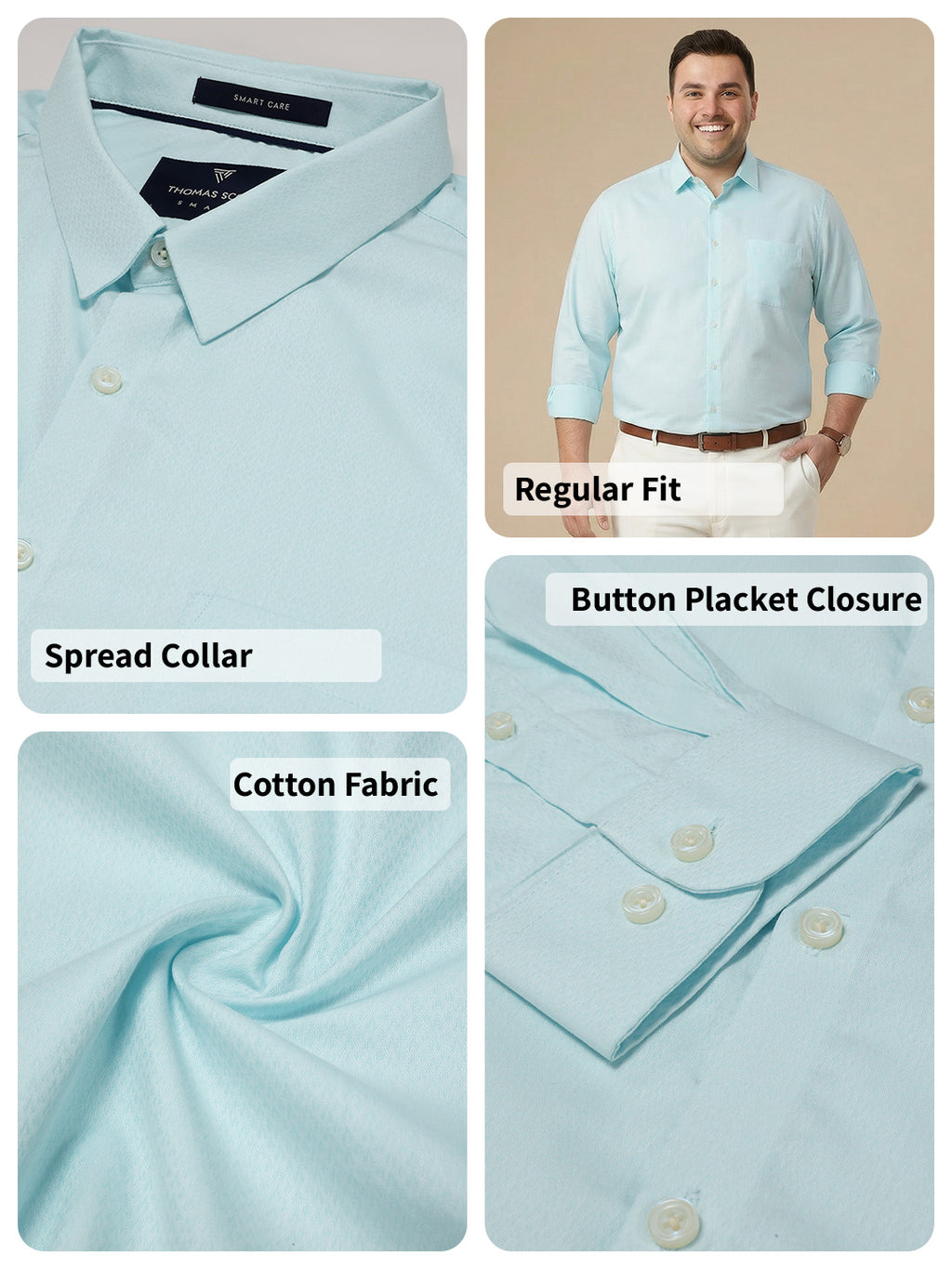 Thomas Scott Men Aqua Plus Size Smart Regular Fit Long Sleeves Spread Collar 100% Cotton Solid Formal Shirt