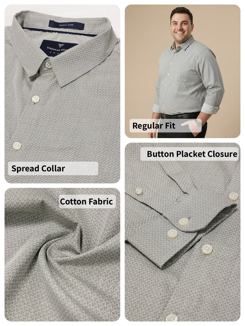 Thomas Scott Men Bottle Green Plus Size Smart Regular Fit Long Sleeves Spread Collar 100% Cotton Solid Formal Shirt